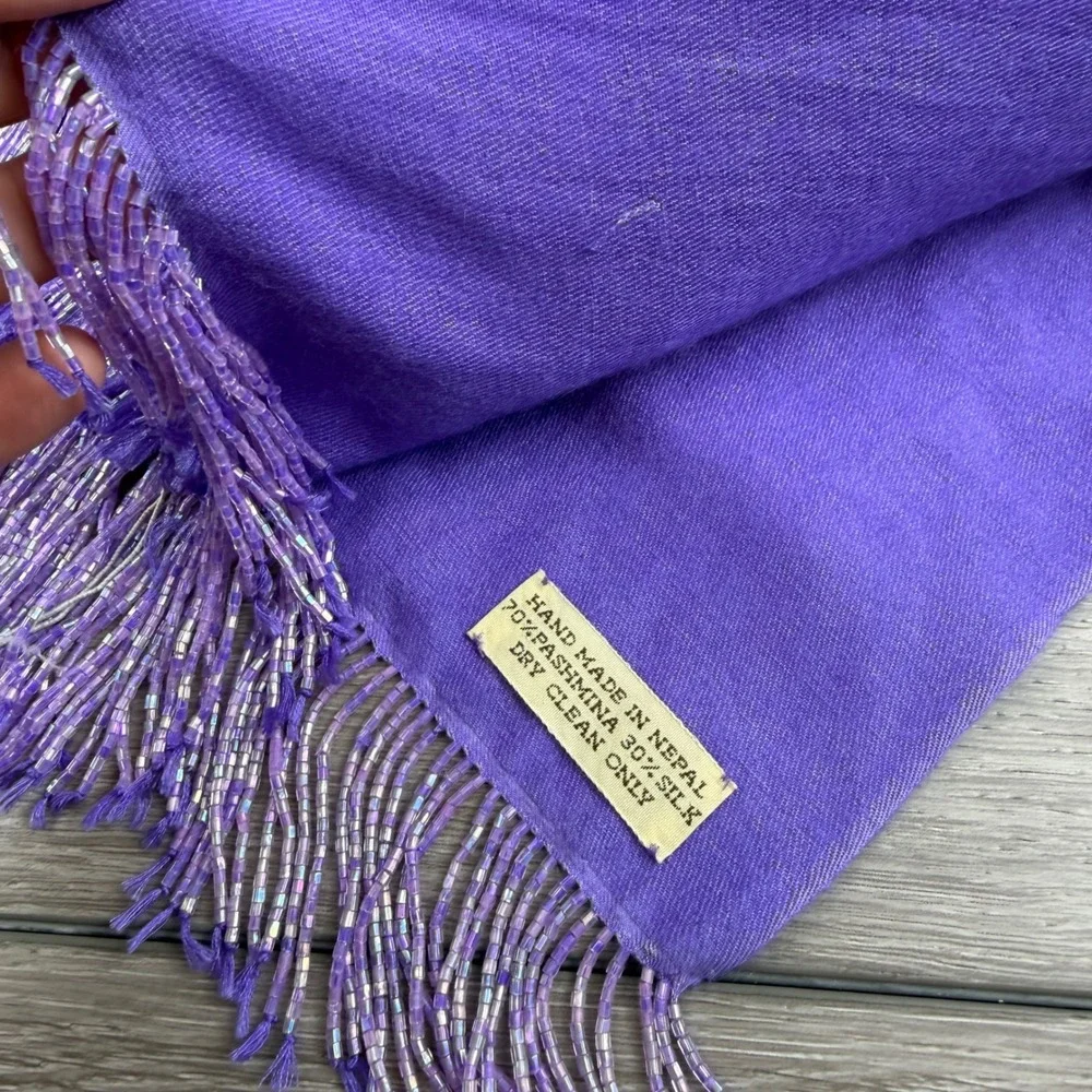 Handmade Nepal Kids Pashmina Silk Beaded Fringe Scarf Wrap Purple OS